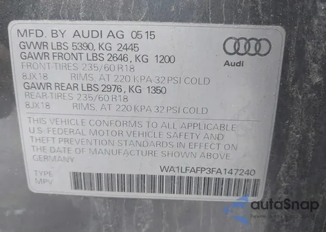 2015 Audi Q5 2.0T Premium из США, поврежденный, VIN WA1LFAFP3FA147240
